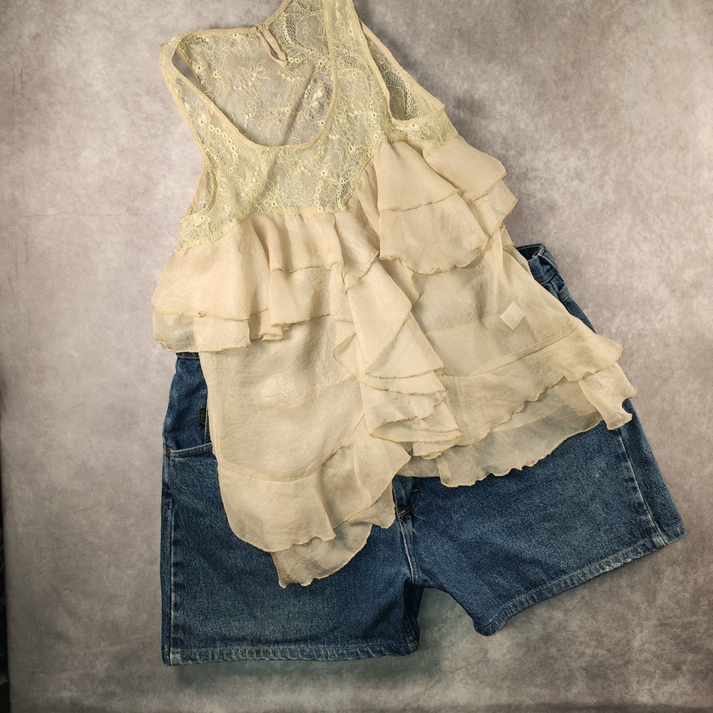 Hommage Lace Tiered Ruffle Tank Top Size L Beige Cotton Blend Sleeveless Boho
